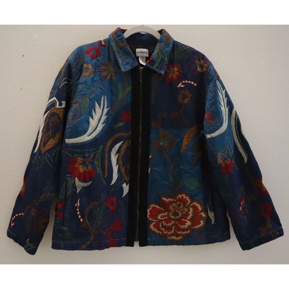 Chico's Women's Sz 2 (L/12) Multi Floral Embroidered Lined Denim Jacket $159 - Picture 1 of 15